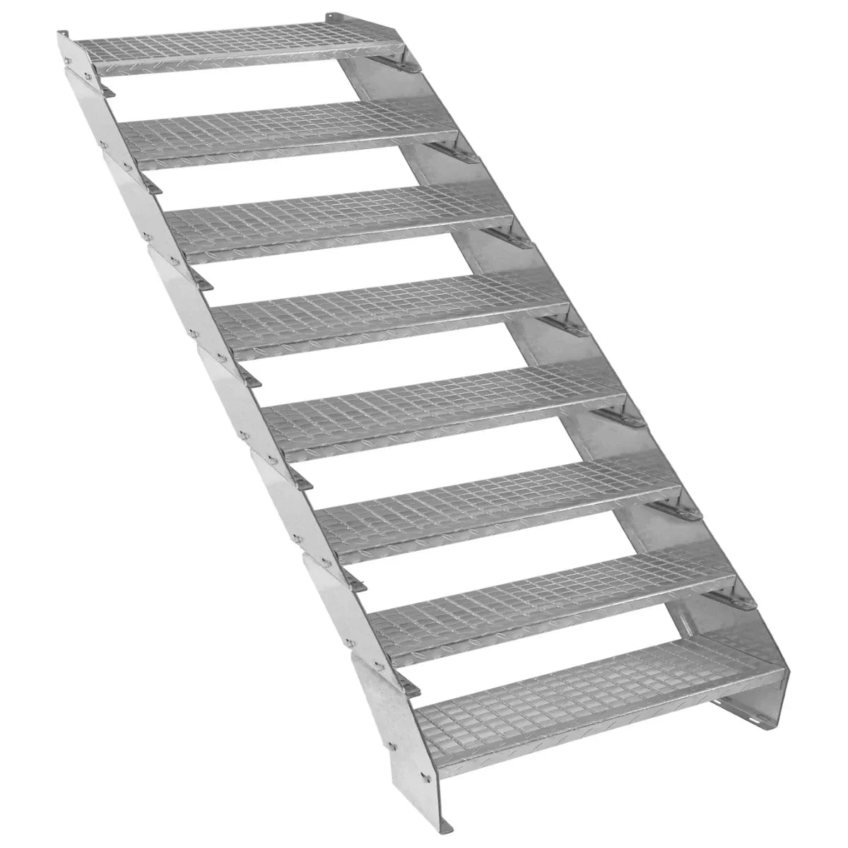 Adjustable 8-section galvanized staircase, 900mm wide, featuring a sturdy metal frame and textured steps for enhanced grip and safety
