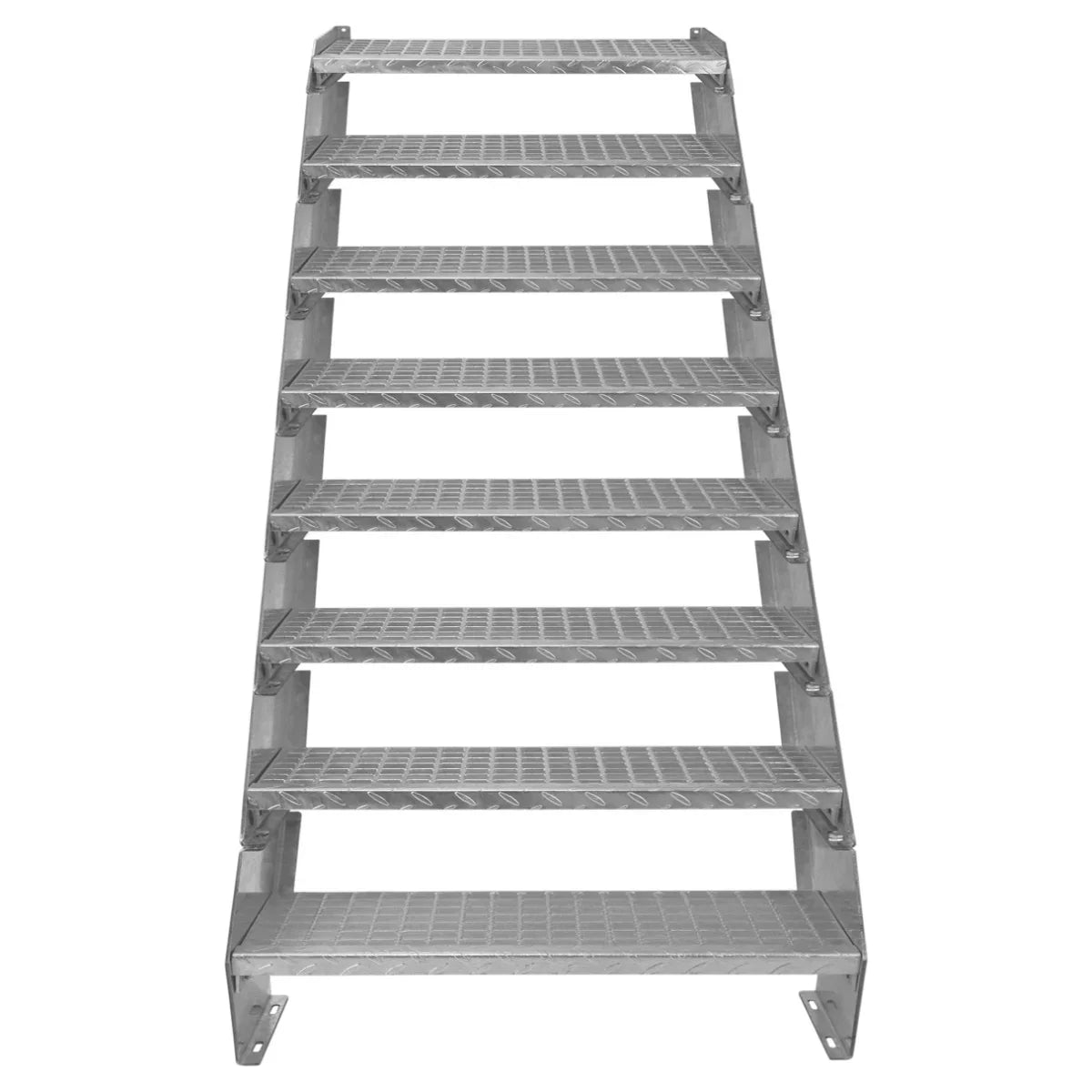 Adjustable 8-section galvanized staircase with a 900mm width, featuring textured steps for enhanced grip and stability