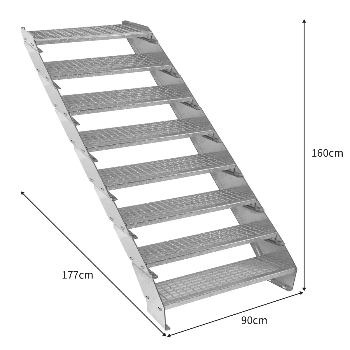 Galvanised adjustable staircase with eight sections, 900mm wide, featuring a sturdy metal frame and textured steps for safety