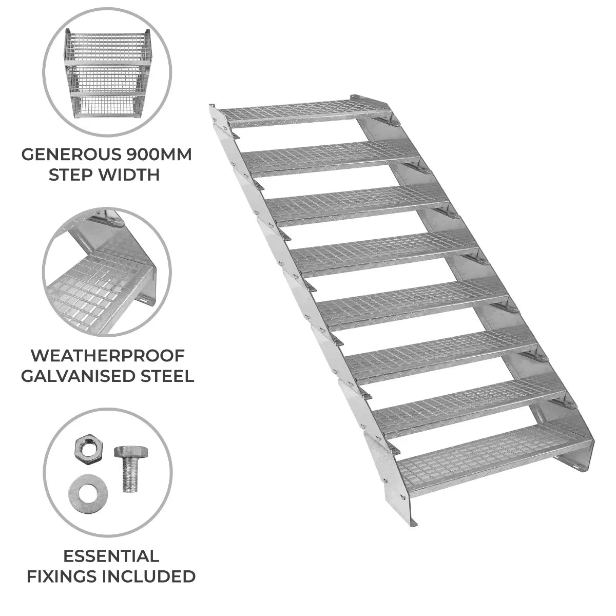 Adjustable 8-section galvanized staircase with a 900mm wide step, featuring a weatherproof finish and essential fixings included