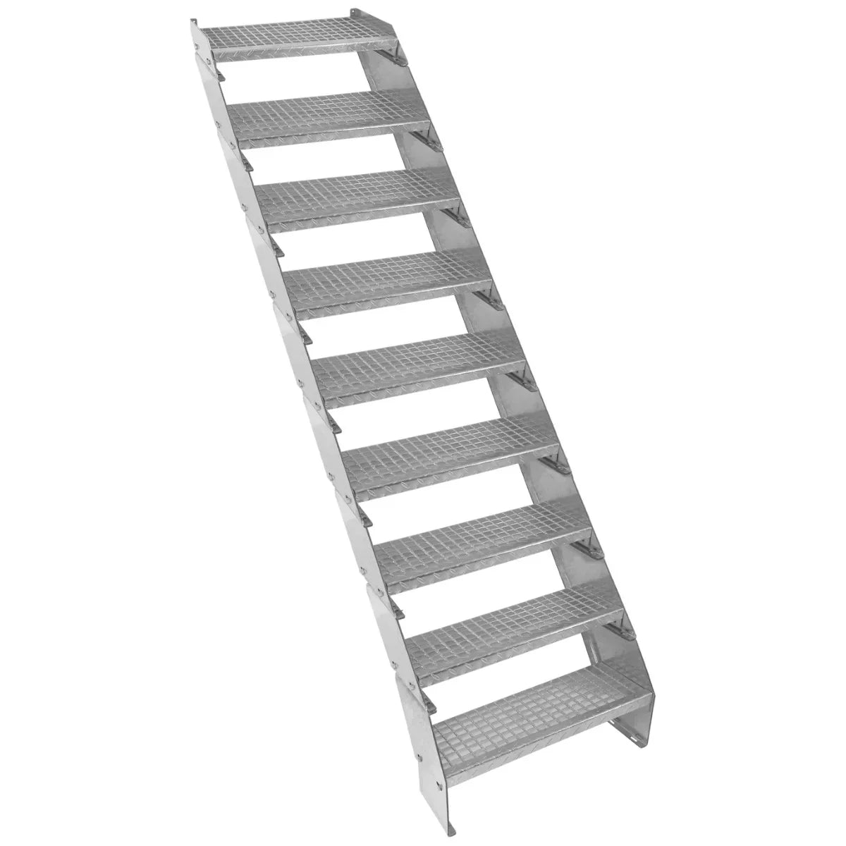 Adjustable 9-section galvanized staircase, 600mm wide, featuring a sturdy metal frame and textured steps for enhanced grip