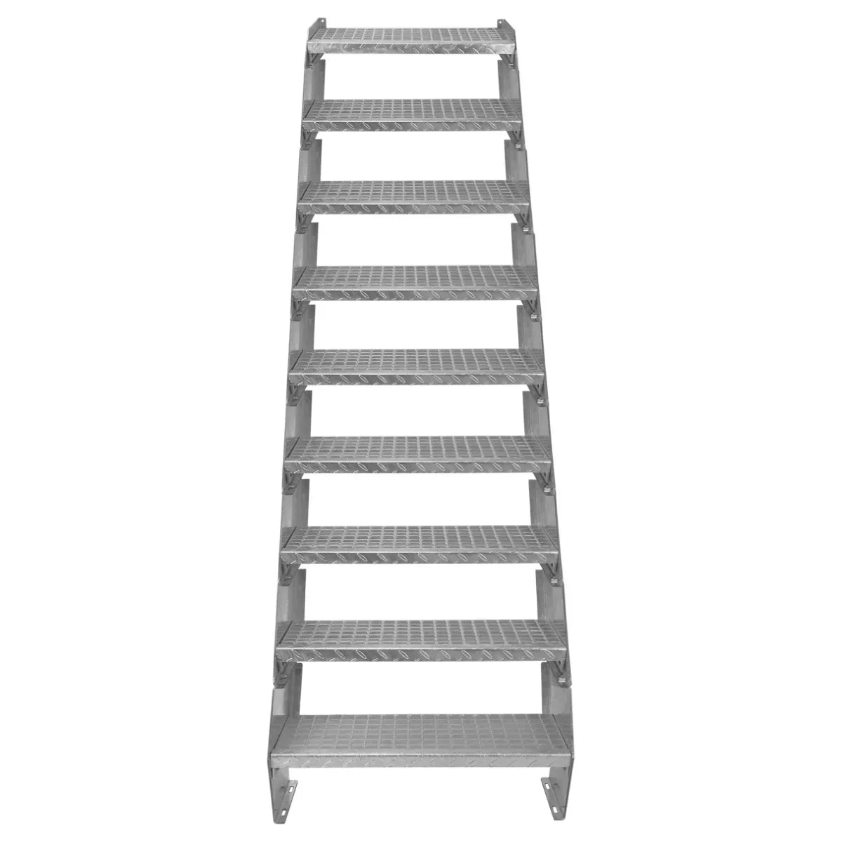 Adjustable 9-section galvanized staircase, 600mm wide, featuring a sturdy metal frame and textured steps for enhanced grip