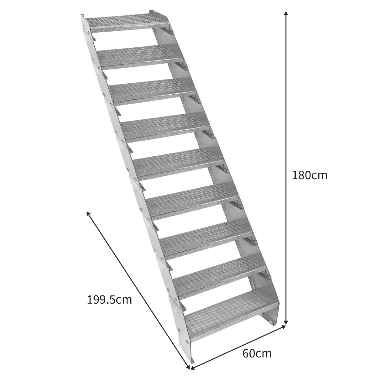 Galvanised adjustable staircase with nine sections, 600mm wide, featuring a textured surface for grip and sturdy construction