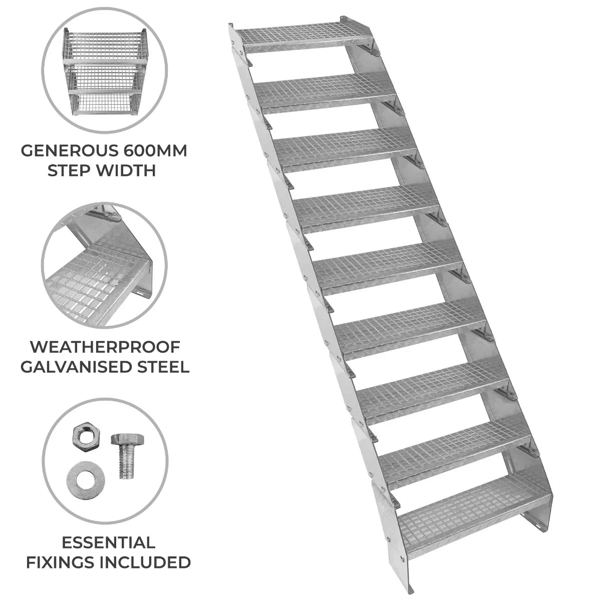 Adjustable 9-section staircase made of weatherproof galvanised steel, featuring a 600mm wide step for stability and safety