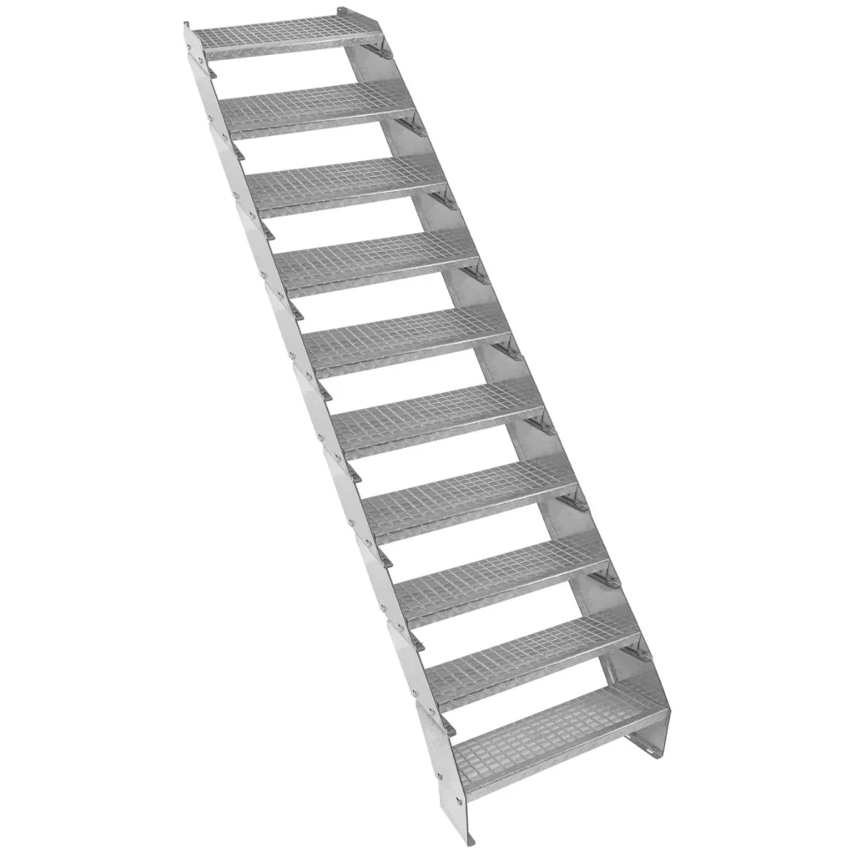 Adjustable 10-section galvanized staircase, 600mm wide, featuring a sturdy metal frame and textured steps for enhanced grip