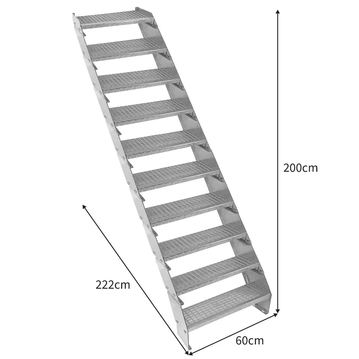 Galvanised adjustable staircase with 10 sections, 600mm wide, featuring a sturdy design and textured steps for safety and grip