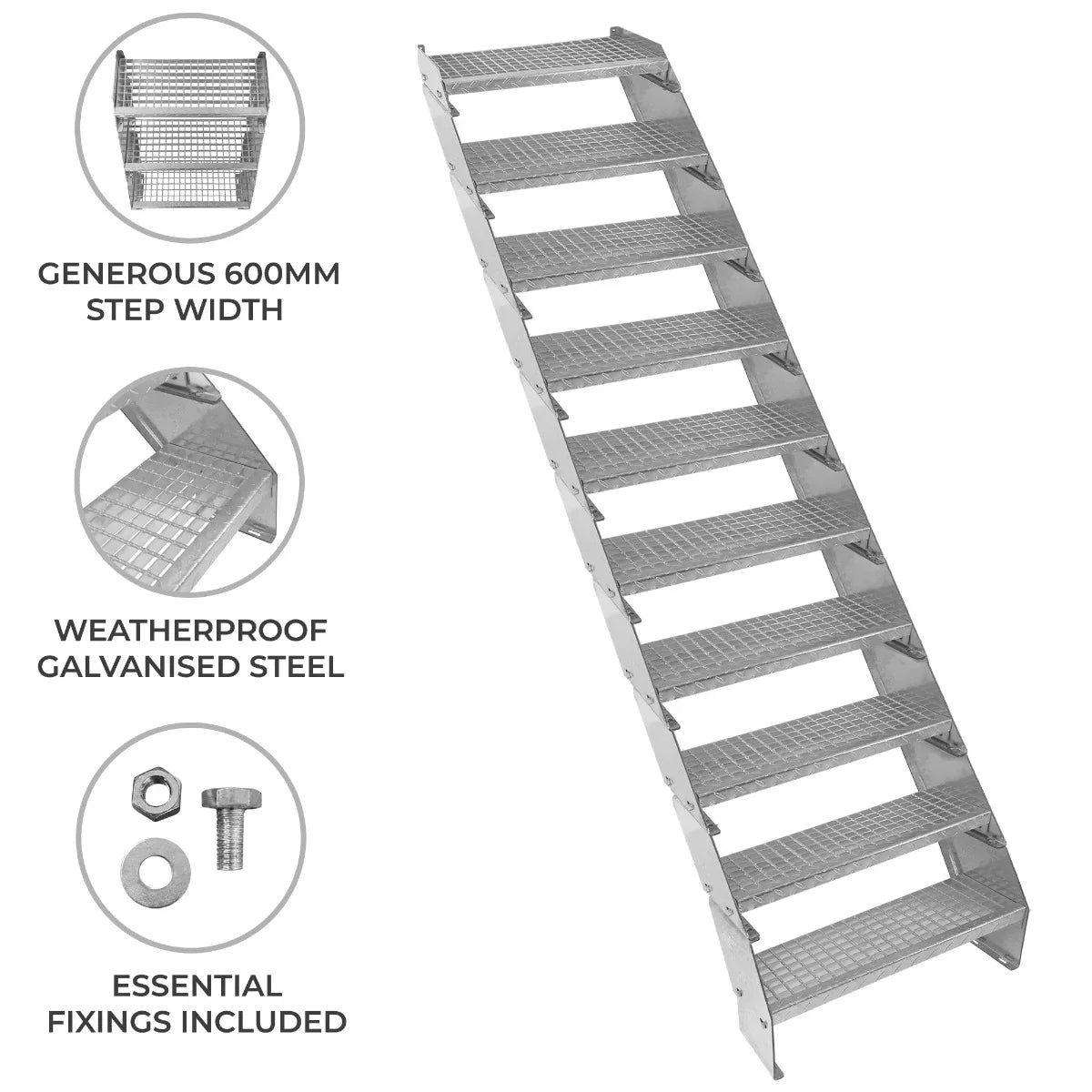 Adjustable 10-section galvanized staircase with 600mm wide steps, featuring a textured surface for grip and essential fixings included