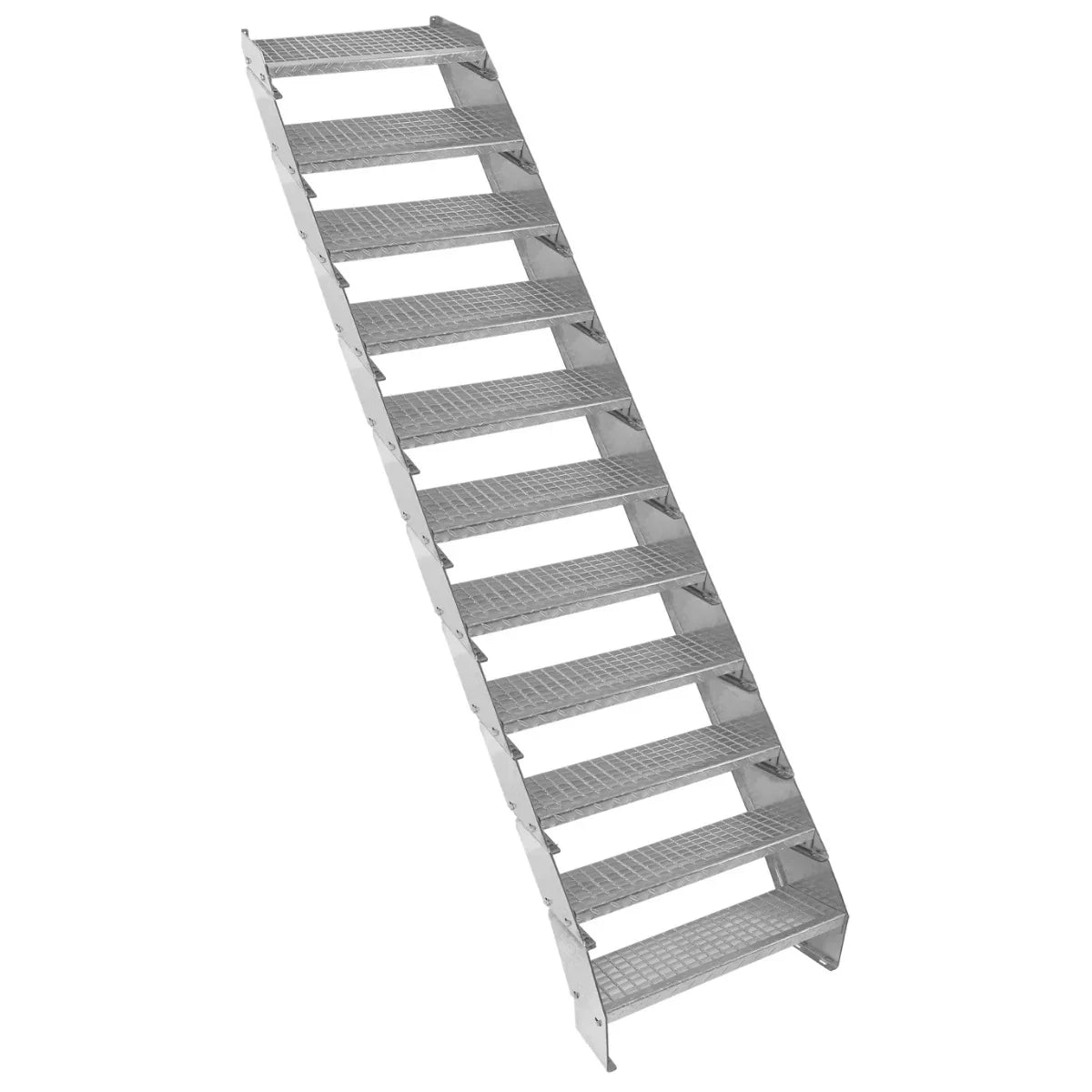 Adjustable 11-section galvanized staircase, 600mm wide, featuring a sturdy metal frame and textured steps for enhanced grip and safety