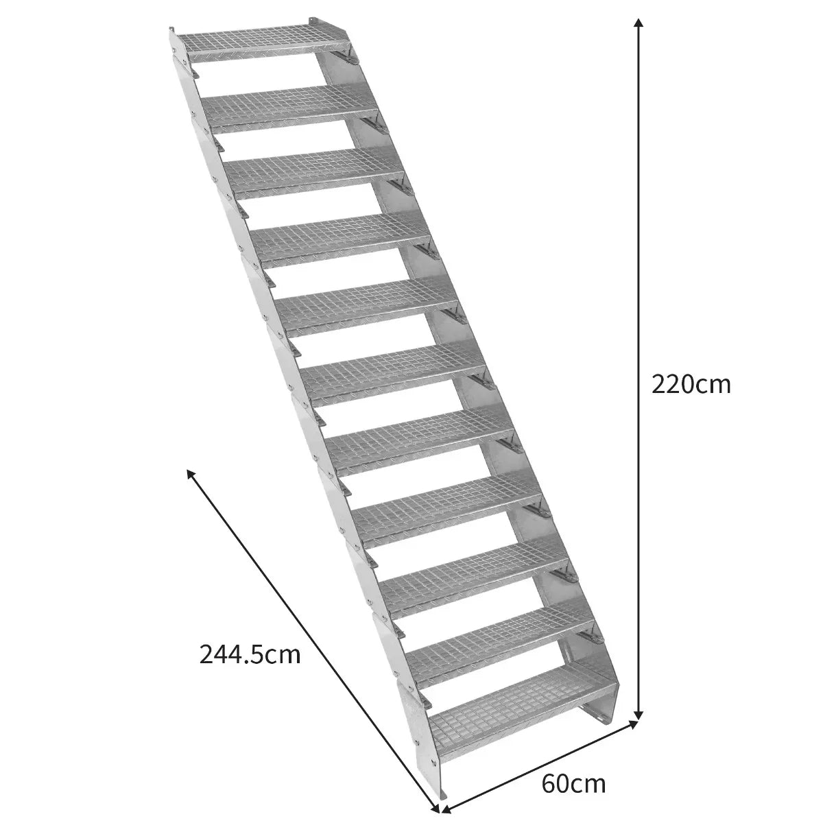 Adjustable galvanised staircase with 11 sections, 600mm wide, featuring a sturdy design and textured steps for safety and durability