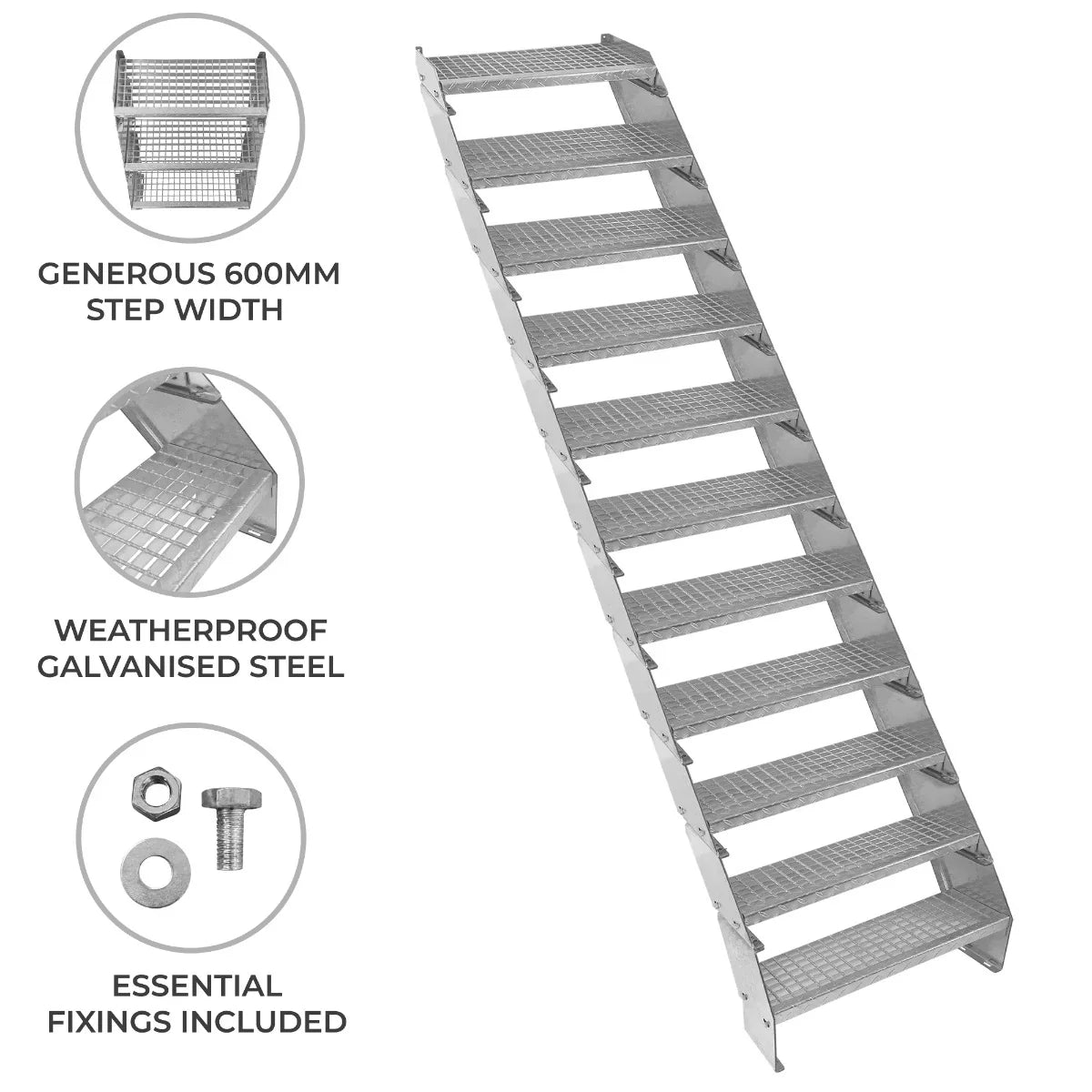 Adjustable 11-section galvanized staircase with a 600mm wide step, featuring a weatherproof finish and essential fixings included