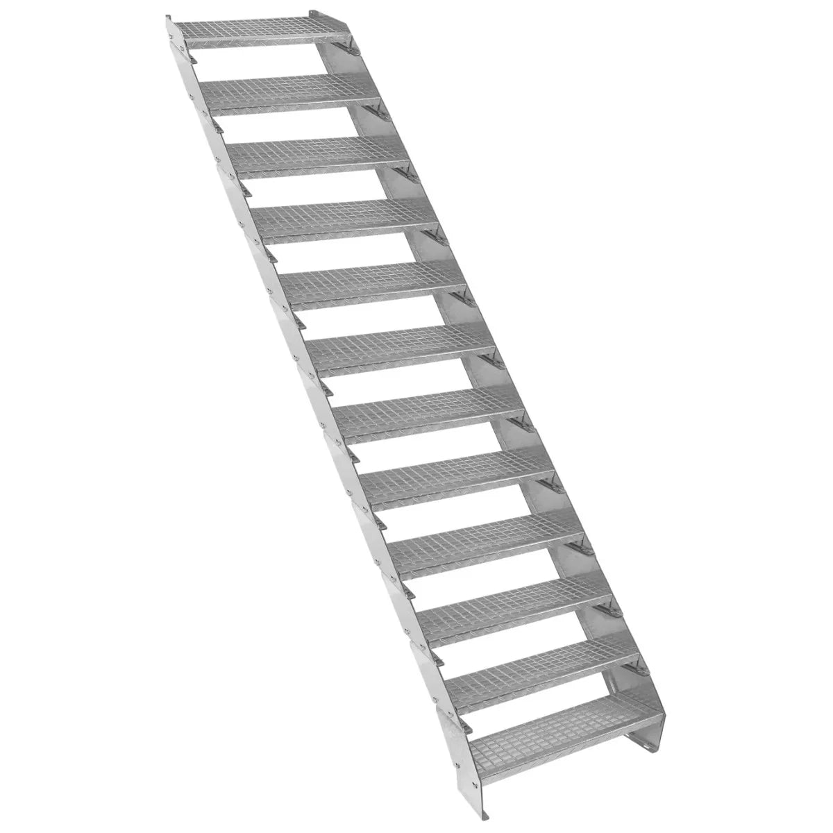 Adjustable 12-section galvanized staircase, 600mm wide, featuring a sturdy metal construction and textured steps for safety and durability