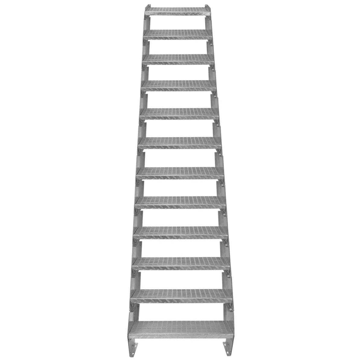 Galvanised adjustable staircase with 12 sections, 600mm wide, featuring a sturdy design and textured steps for enhanced grip