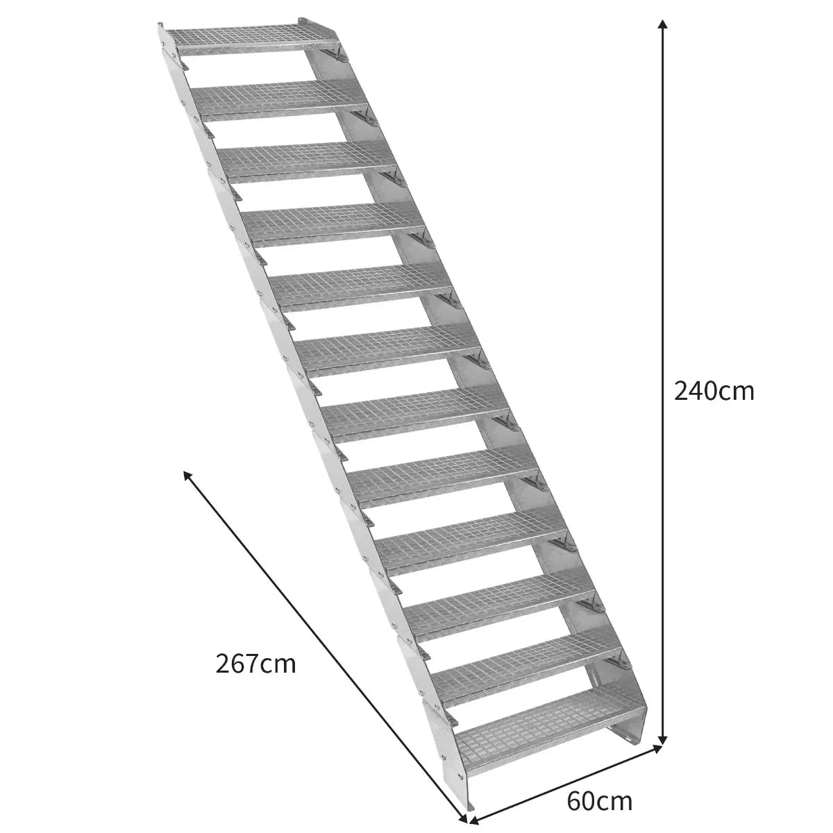 Galvanised adjustable staircase with 12 sections, 600mm wide, featuring a textured surface for grip, measuring 240cm tall and 267cm long