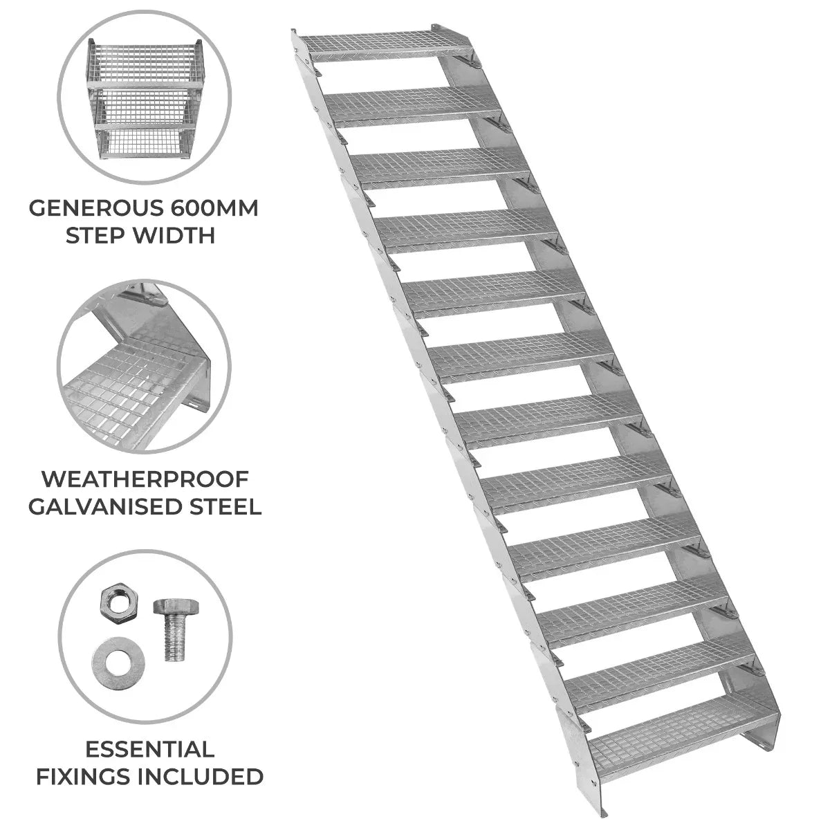 Adjustable 12-section staircase made of weatherproof galvanized steel, featuring a 600mm wide step with a textured surface for grip