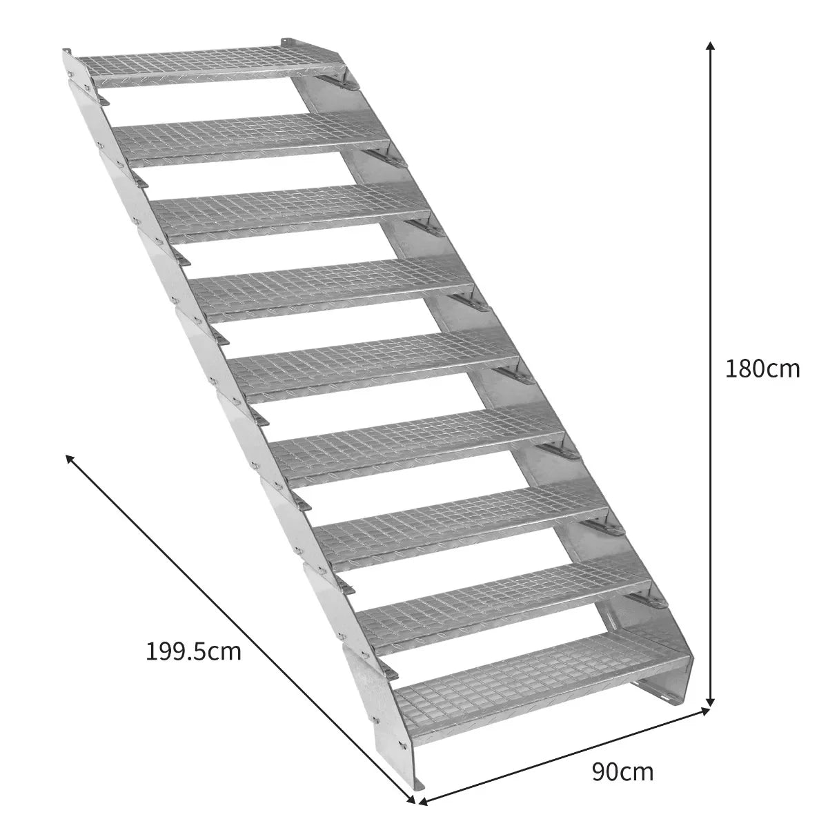 Galvanised adjustable staircase with nine sections, featuring a sturdy metal design, textured steps, and dimensions of 900mm wide and 180cm tall