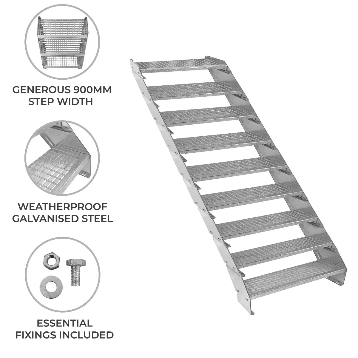 Adjustable 9-section galvanized steel staircase with a 900mm wide step, featuring a weatherproof finish and textured surface for grip