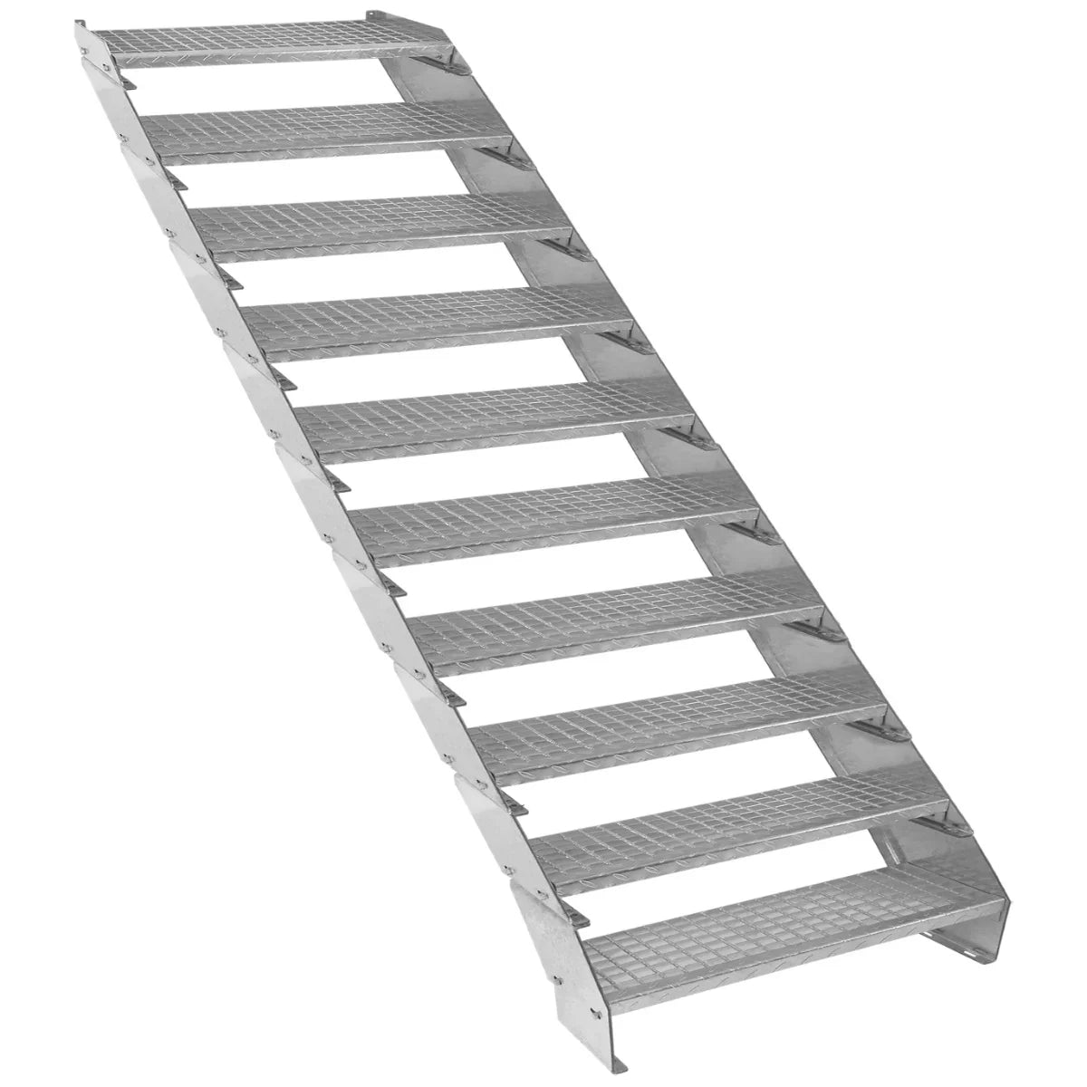 Galvanised adjustable staircase with 10 sections, 900mm wide, featuring a sturdy, textured surface for enhanced grip and safety