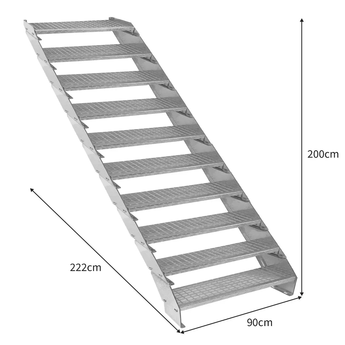 Adjustable 10-section galvanised staircase, 900mm wide, featuring a sturdy design with textured steps for enhanced grip and safety