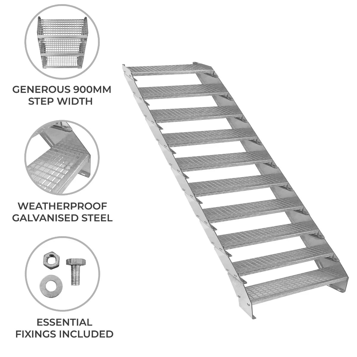Adjustable 10-section galvanized staircase with a 900mm wide step, featuring a sturdy, weatherproof steel design and essential fixings included