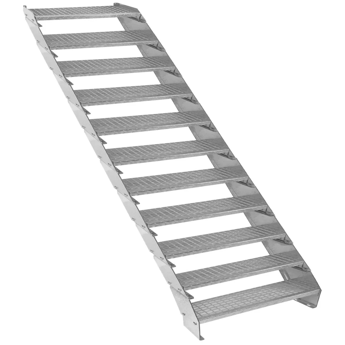 Adjustable 11-section galvanized staircase, 900mm wide, featuring a sturdy metal frame and textured non-slip steps for safety