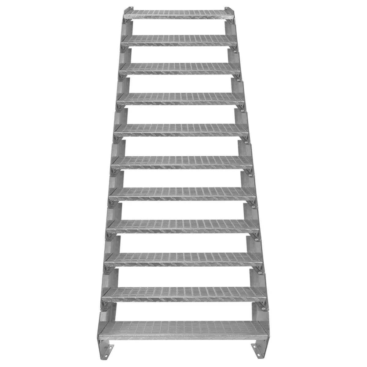 Adjustable 11-section galvanised staircase, 900mm wide, featuring a sturdy, textured surface and a sleek, metallic finish