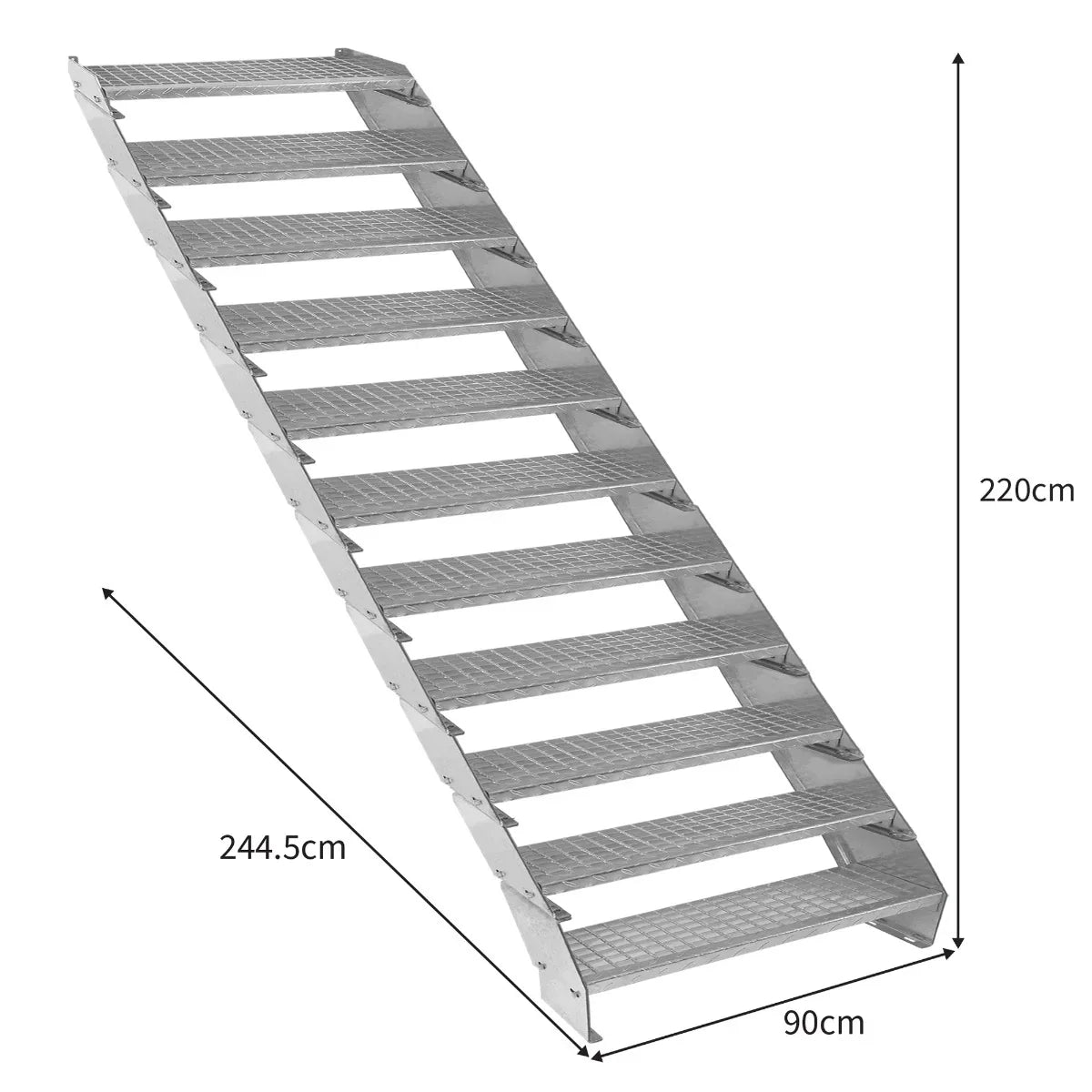 Galvanised adjustable staircase with 11 sections, 900mm wide, featuring textured steps and a sturdy, sloped design for safety