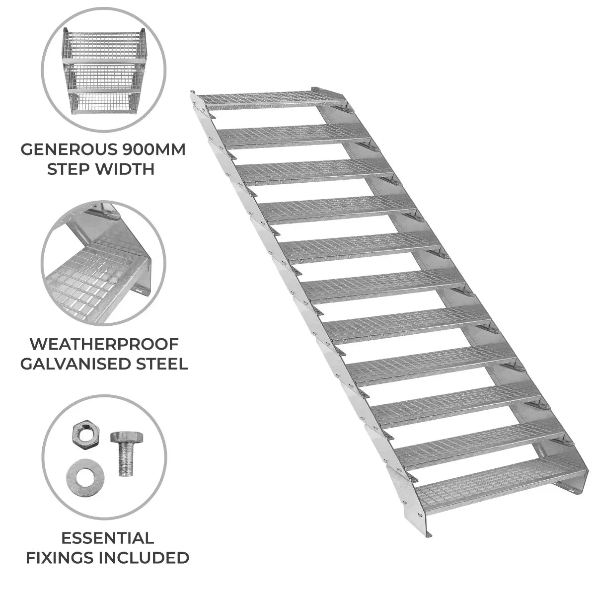 Adjustable 11-section galvanized staircase with a 900mm wide step, featuring a textured surface and essential fixings included