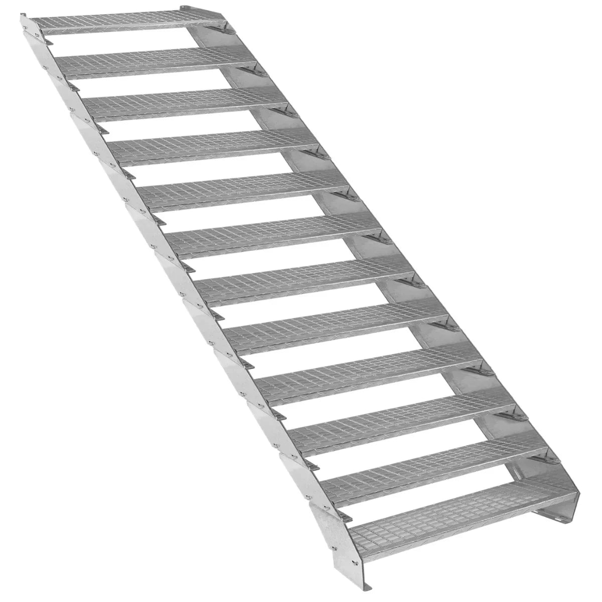 Adjustable 12-section galvanized staircase, 900mm wide, featuring a sturdy metal frame and textured steps for enhanced grip