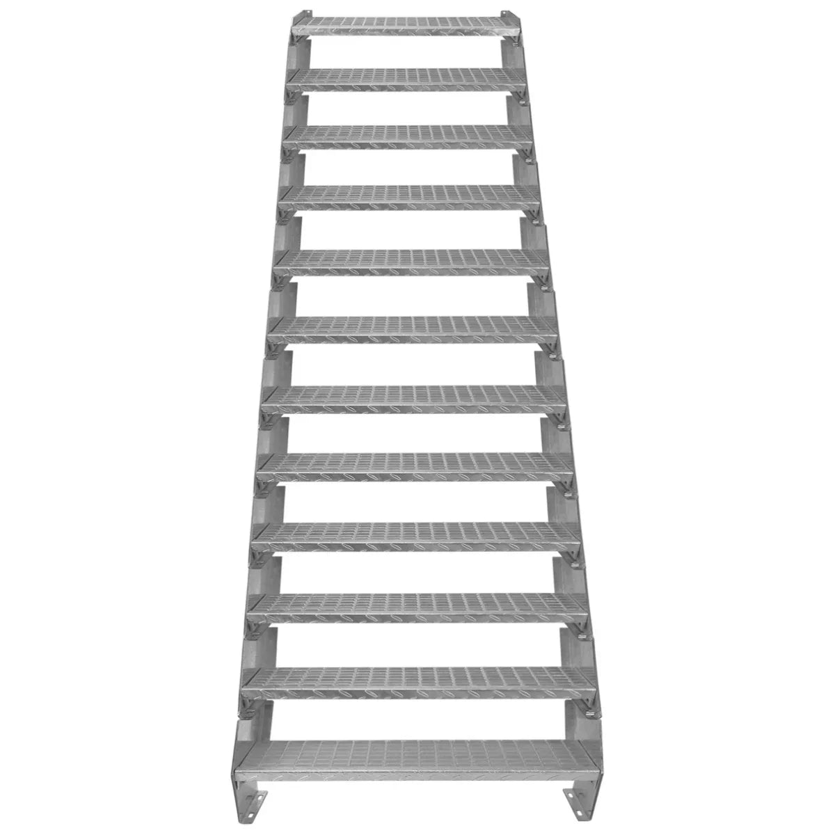 Adjustable 12 section galvanized staircase, 900mm wide, featuring a sturdy metal frame and textured steps for enhanced grip
