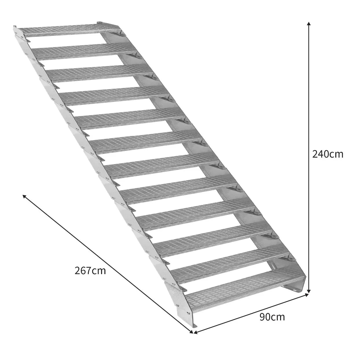 Adjustable galvanized staircase with 12 sections, 900mm wide, featuring a textured surface and sturdy construction for safety and durability