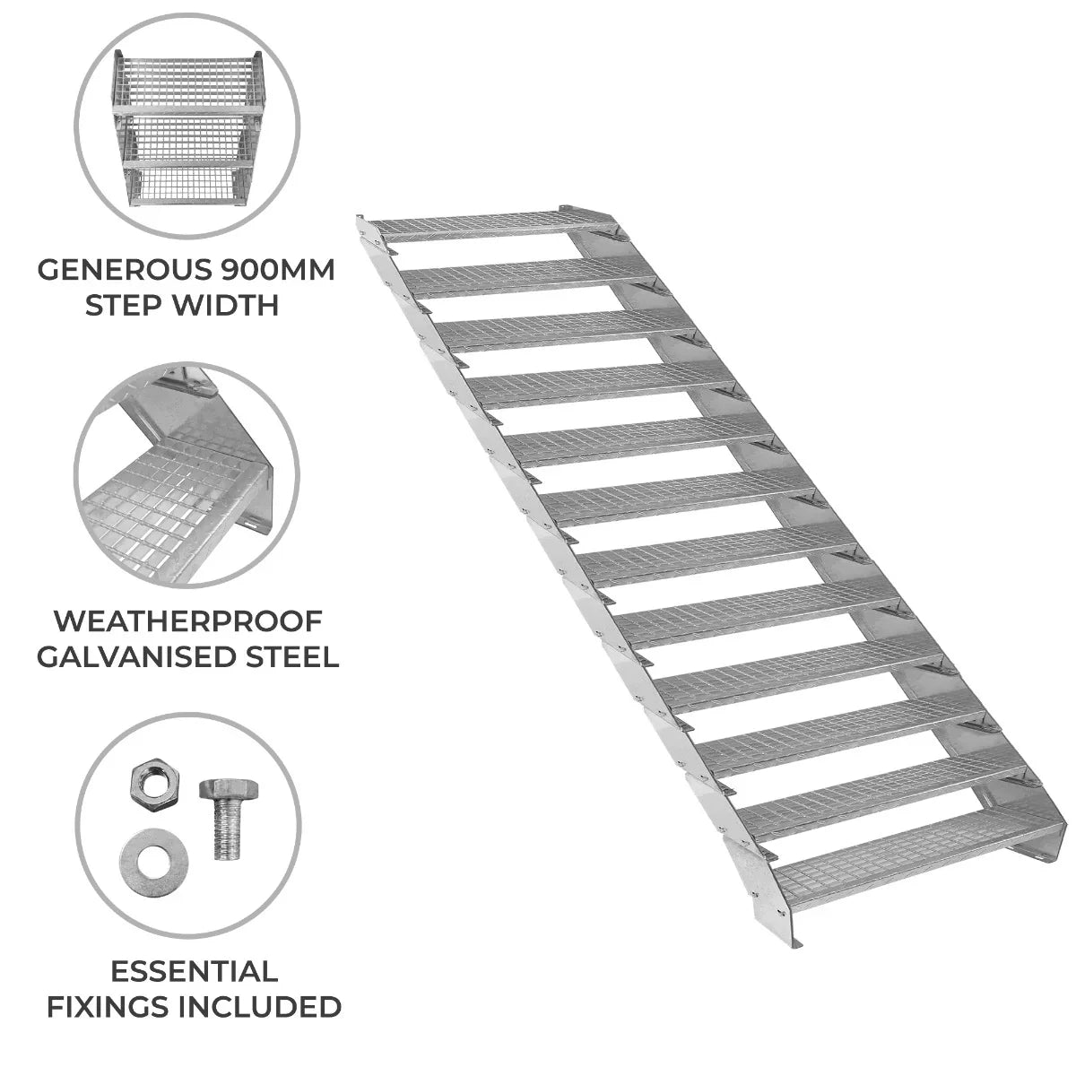 Adjustable 12-section galvanized staircase with a 900mm wide step, featuring a weatherproof finish and essential fixings included