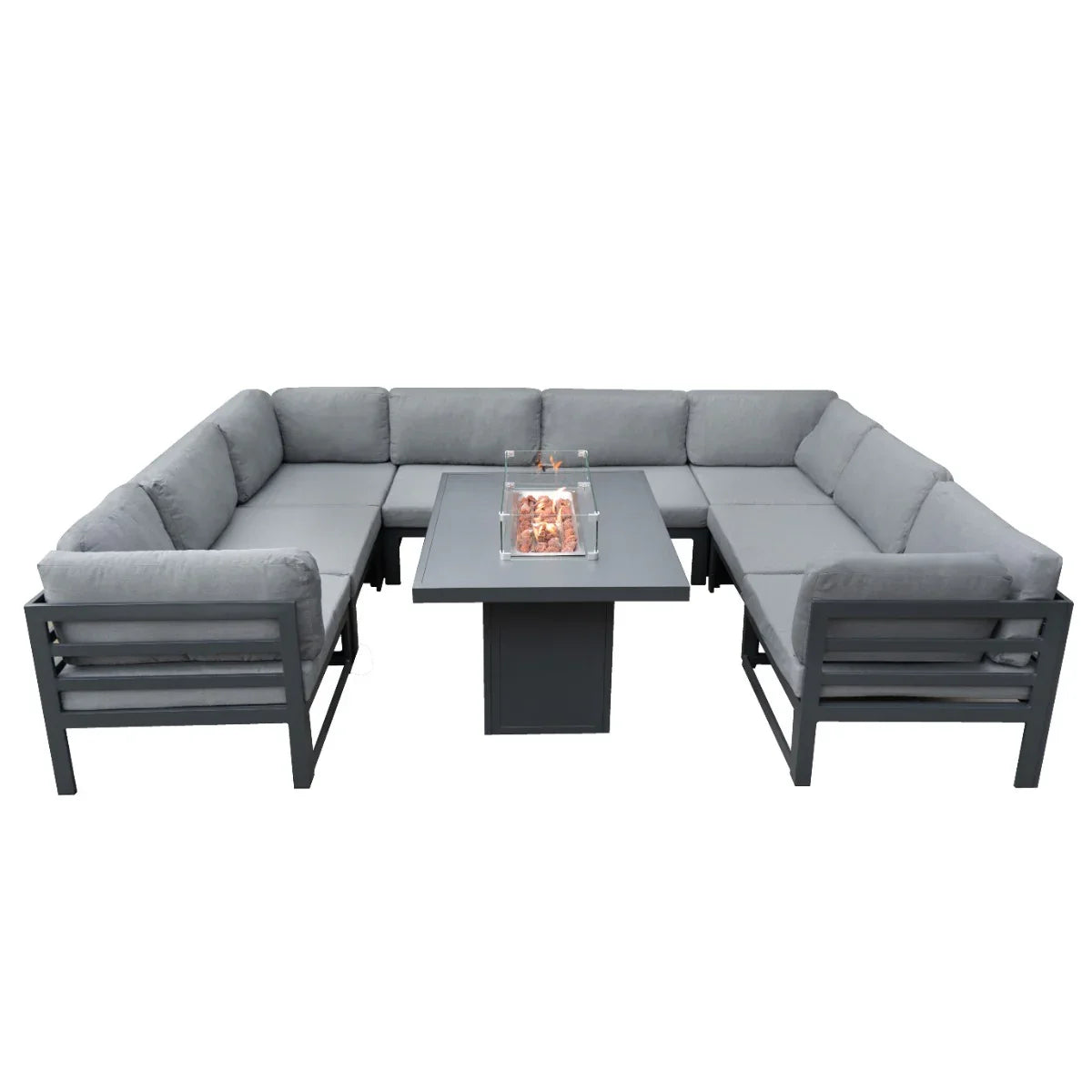 Modular garden furniture set in anthracite grey with plush cushions and a central fire pit, perfect for outdoor relaxation and gatherings