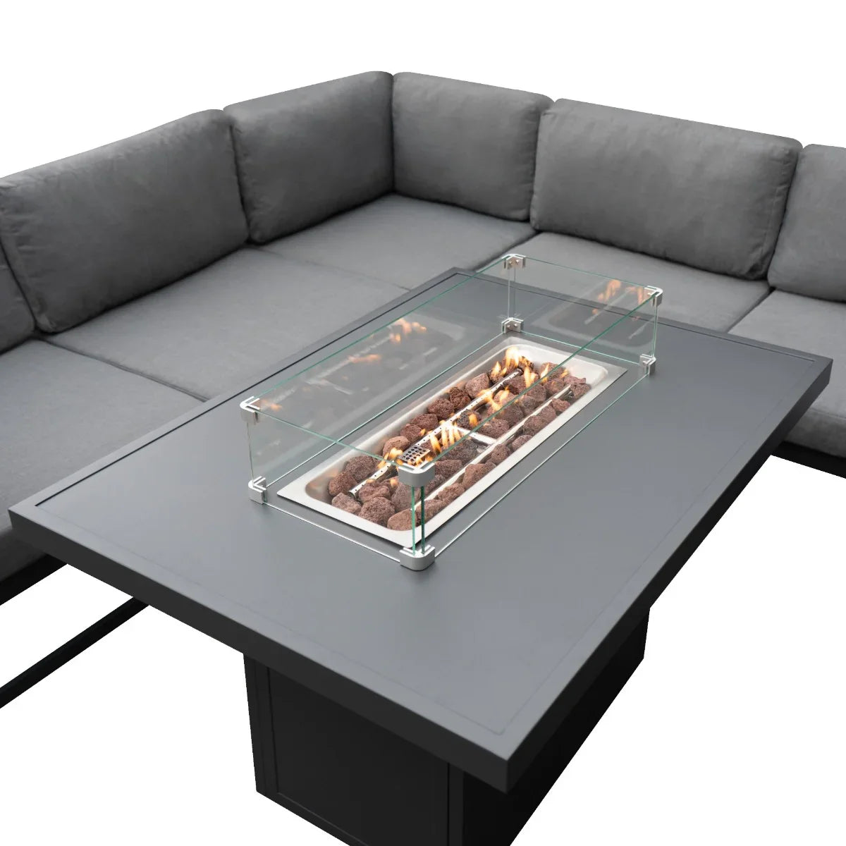 Modular garden furniture set in anthracite grey with plush cushions and a sleek fire pit centerpiece, perfect for outdoor gatherings