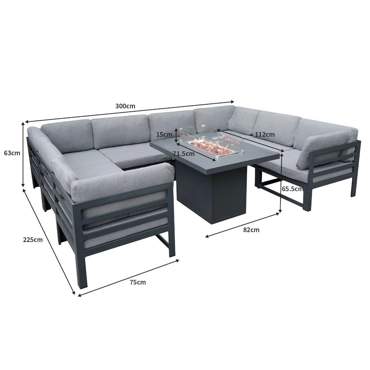 Modular garden furniture set in anthracite grey with plush cushions, featuring a central fire pit for outdoor gatherings
