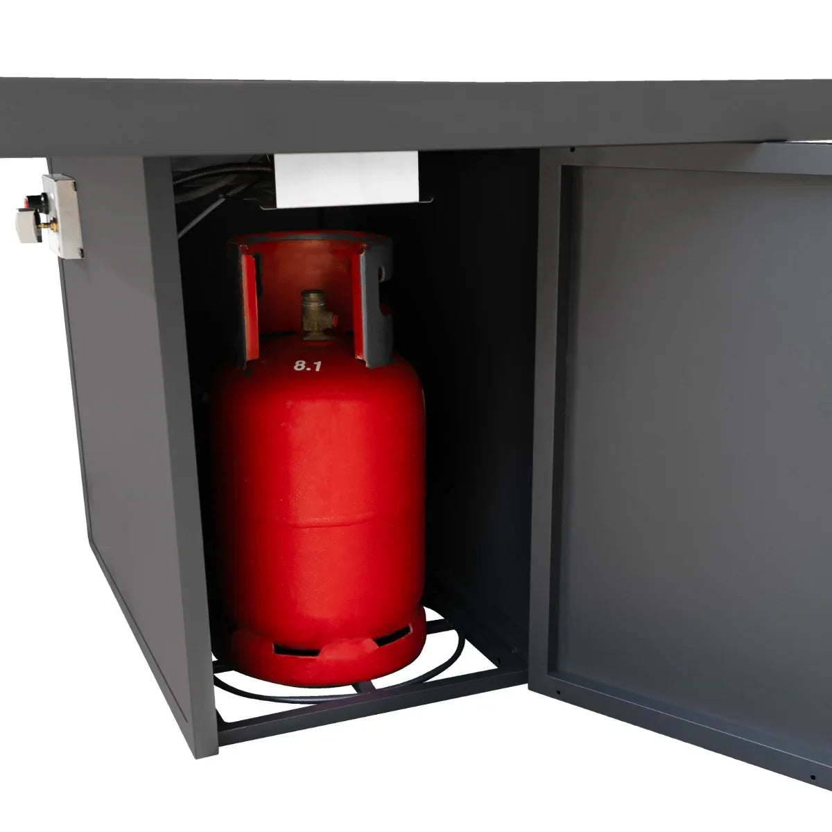 Red gas cylinder inside the anthracite grey modular garden furniture set with fire pit, showcasing storage and functionality