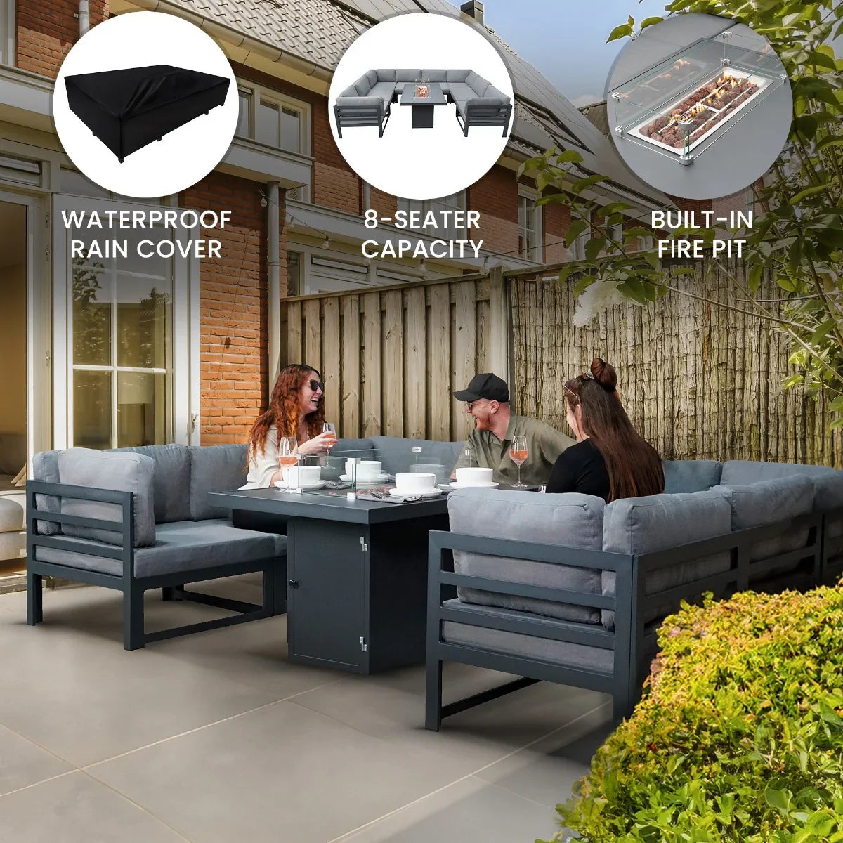Modular garden furniture set in anthracite grey with built-in fire pit, waterproof cover, and seating for eight people, perfect for outdoor gatherings