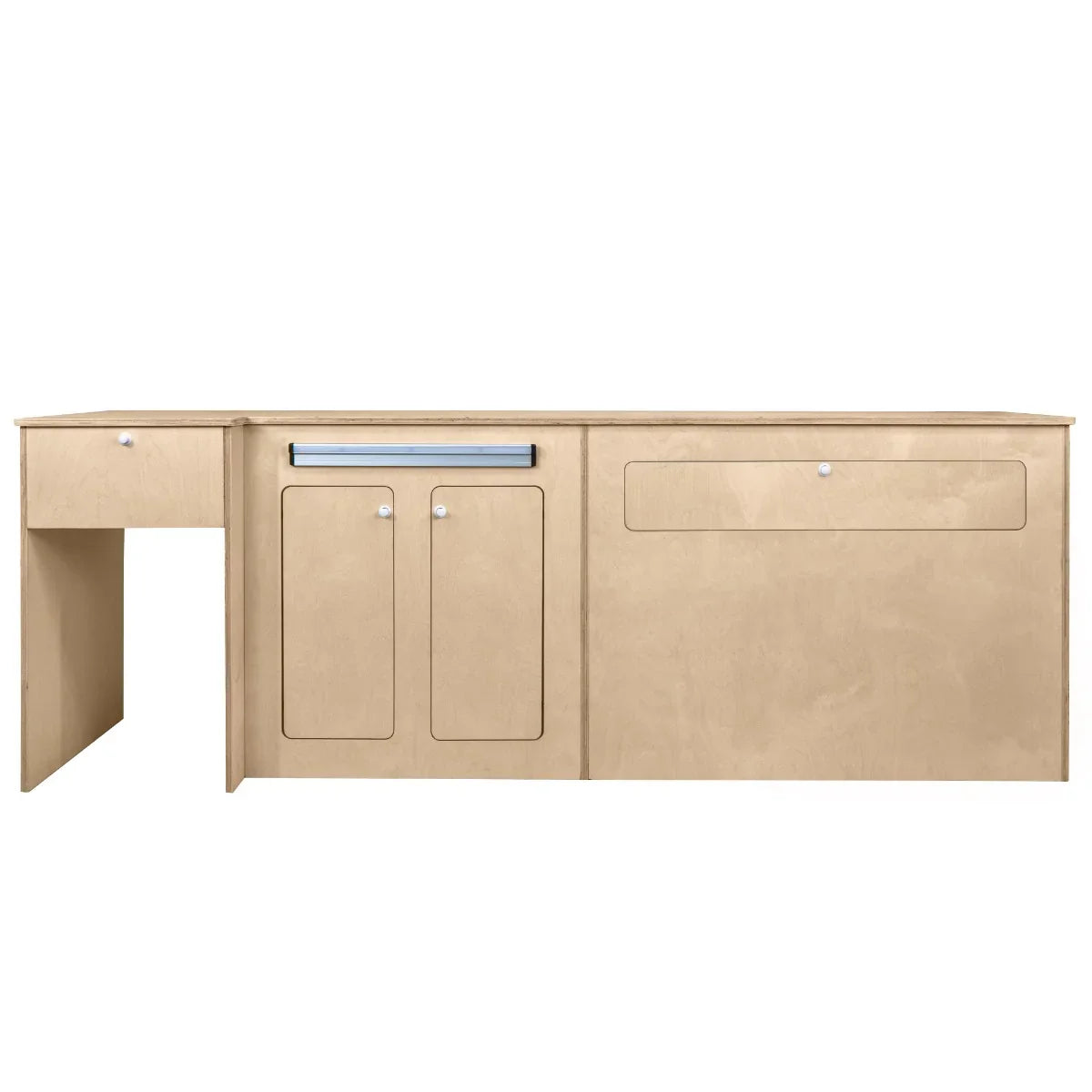 Light wood Camper Kitchen Pod with a sleek design, featuring two cabinets, a drawer, and a spacious countertop for cooking and prep
