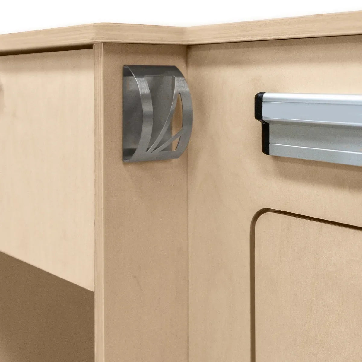 Stylish silver metal handle on a light wood Camper Kitchen Pod, showcasing modern design and functional elegance for outdoor cooking
