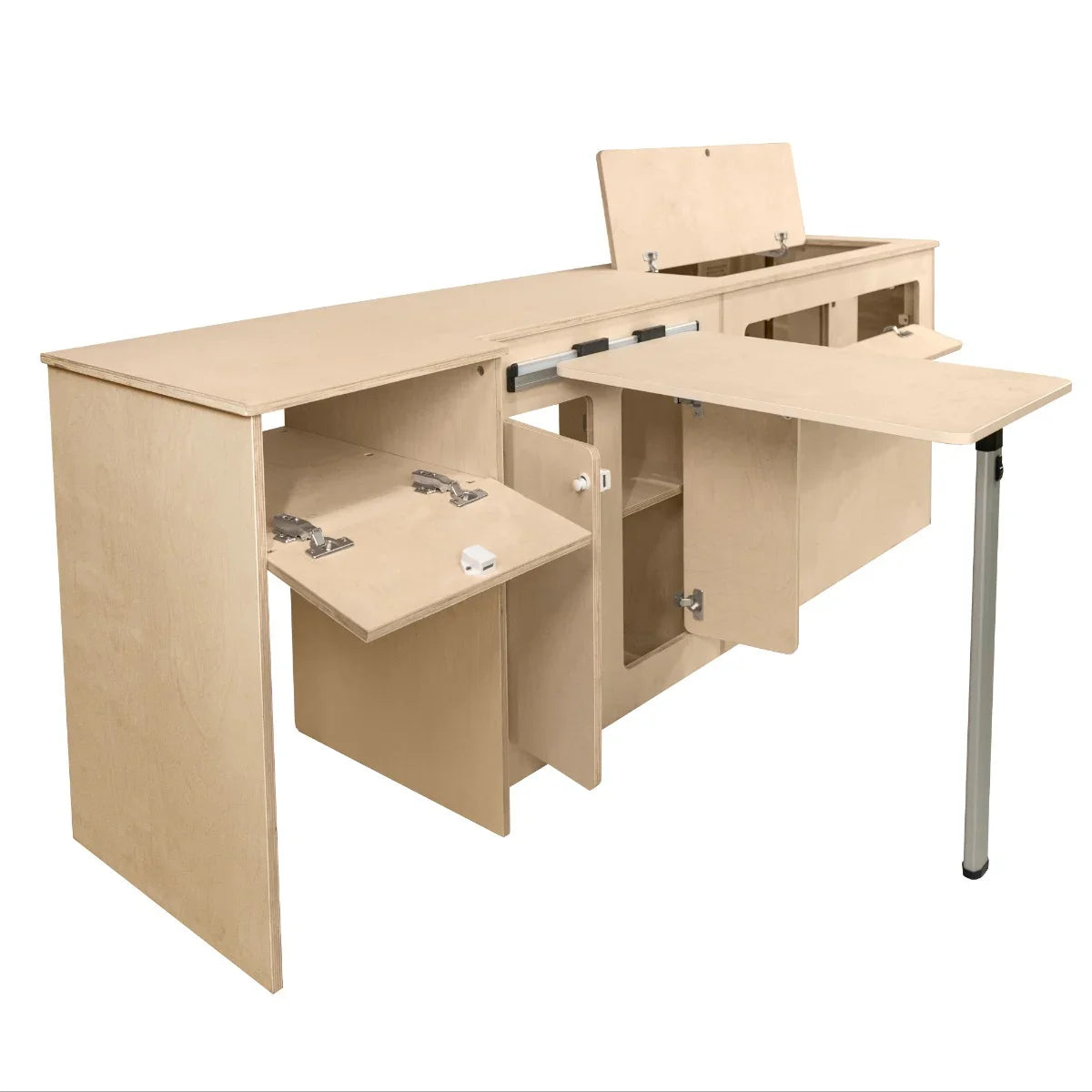 Camper Kitchen Pod - RHD features a sleek, light wood finish with multiple storage compartments and a fold-out table for cooking convenience