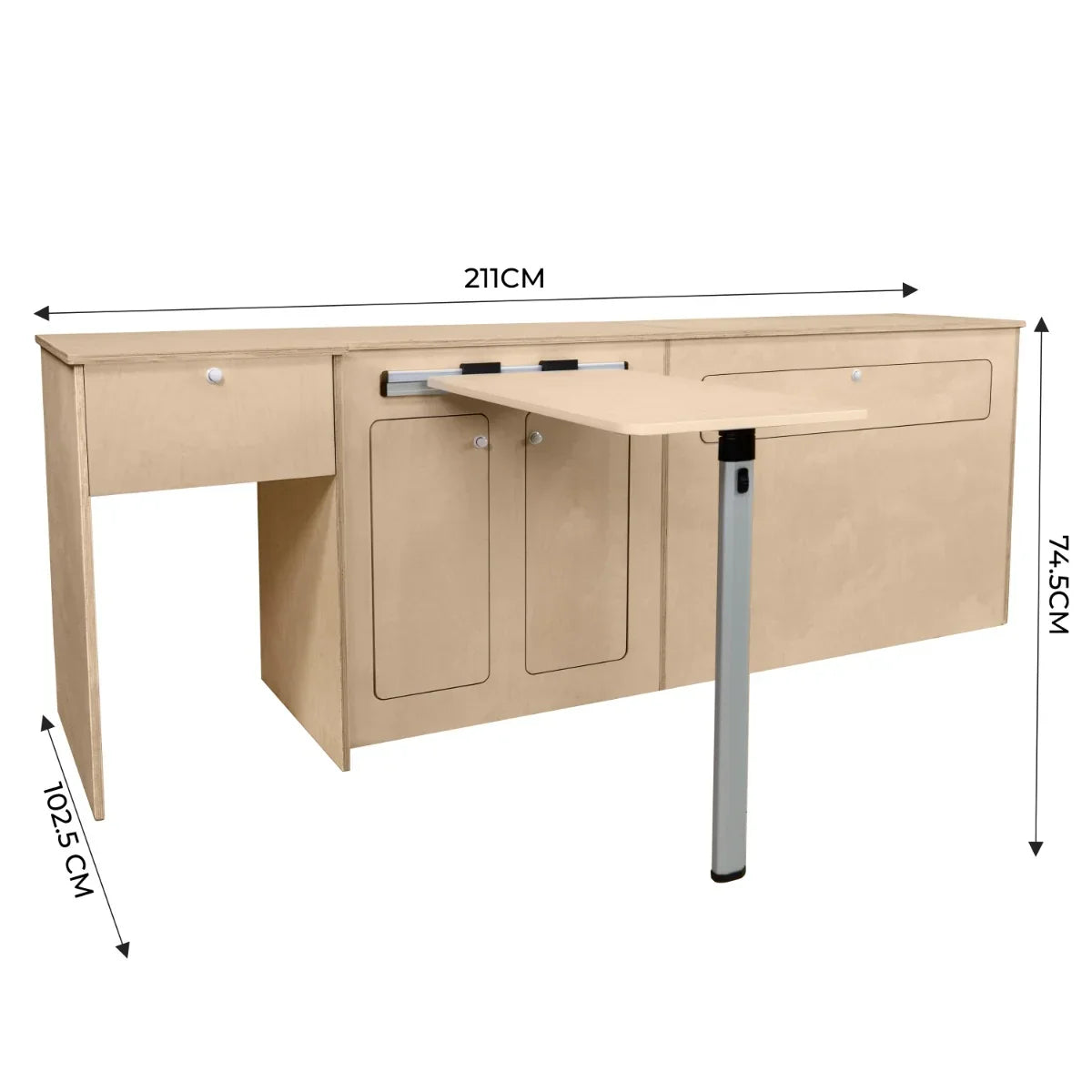 Light wood Camper Kitchen Pod with a pull-out table, multiple storage compartments, and sleek, modern design, ideal for RVs