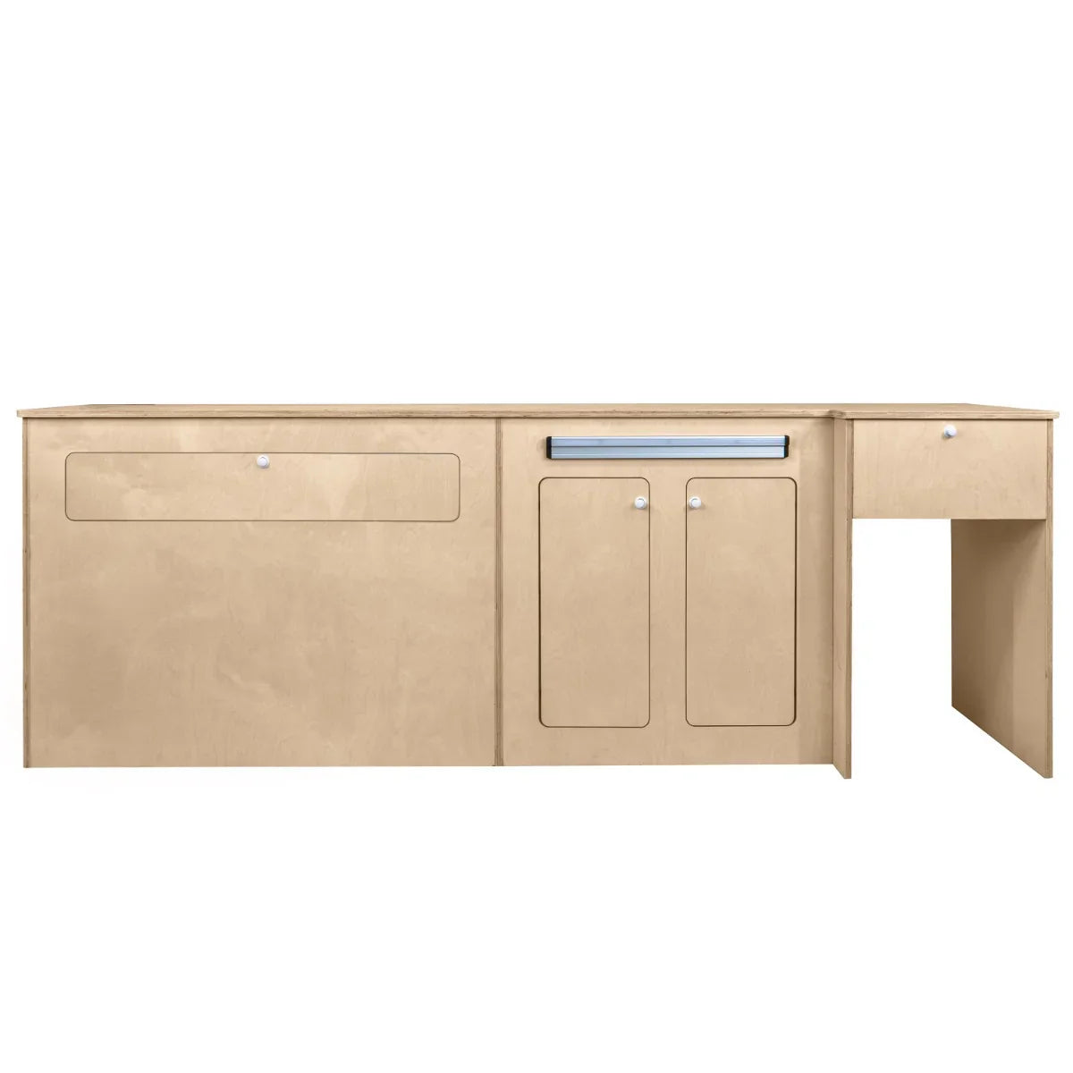 Light birch wood Camper Kitchen Pod with smooth surfaces, featuring drawers and cabinets for organized storage in a modern design