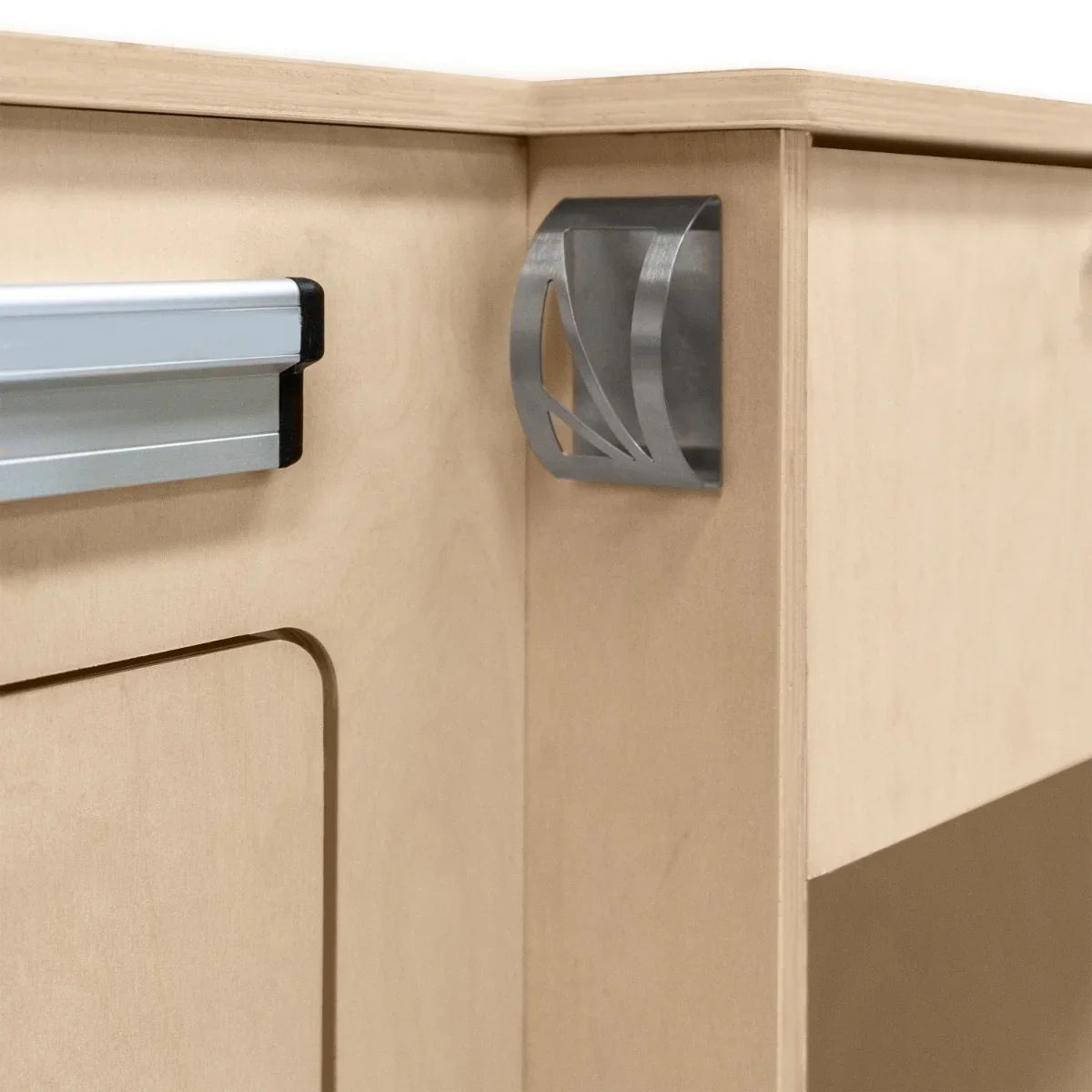 Sleek metal handle on a light wood Camper Kitchen Pod, showcasing modern design and functional elegance for outdoor cooking