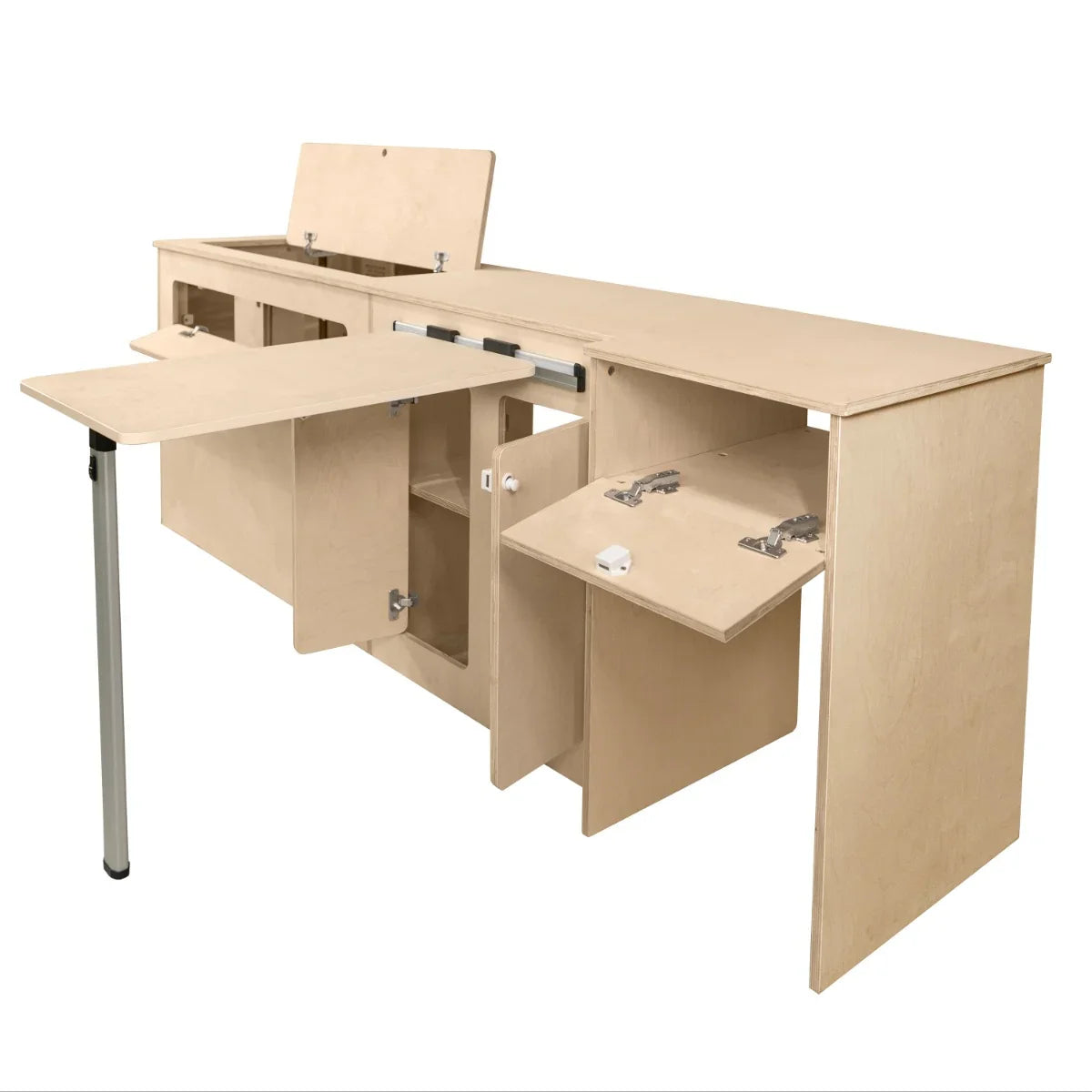 Light wood Camper Kitchen Pod with multiple storage compartments, a fold-out table, and a sleek, modern design for outdoor cooking