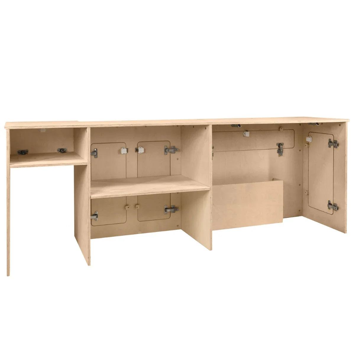 Camper Kitchen Pod - LHD in light wood features multiple storage compartments, a sleek design, and a smooth, natural finish