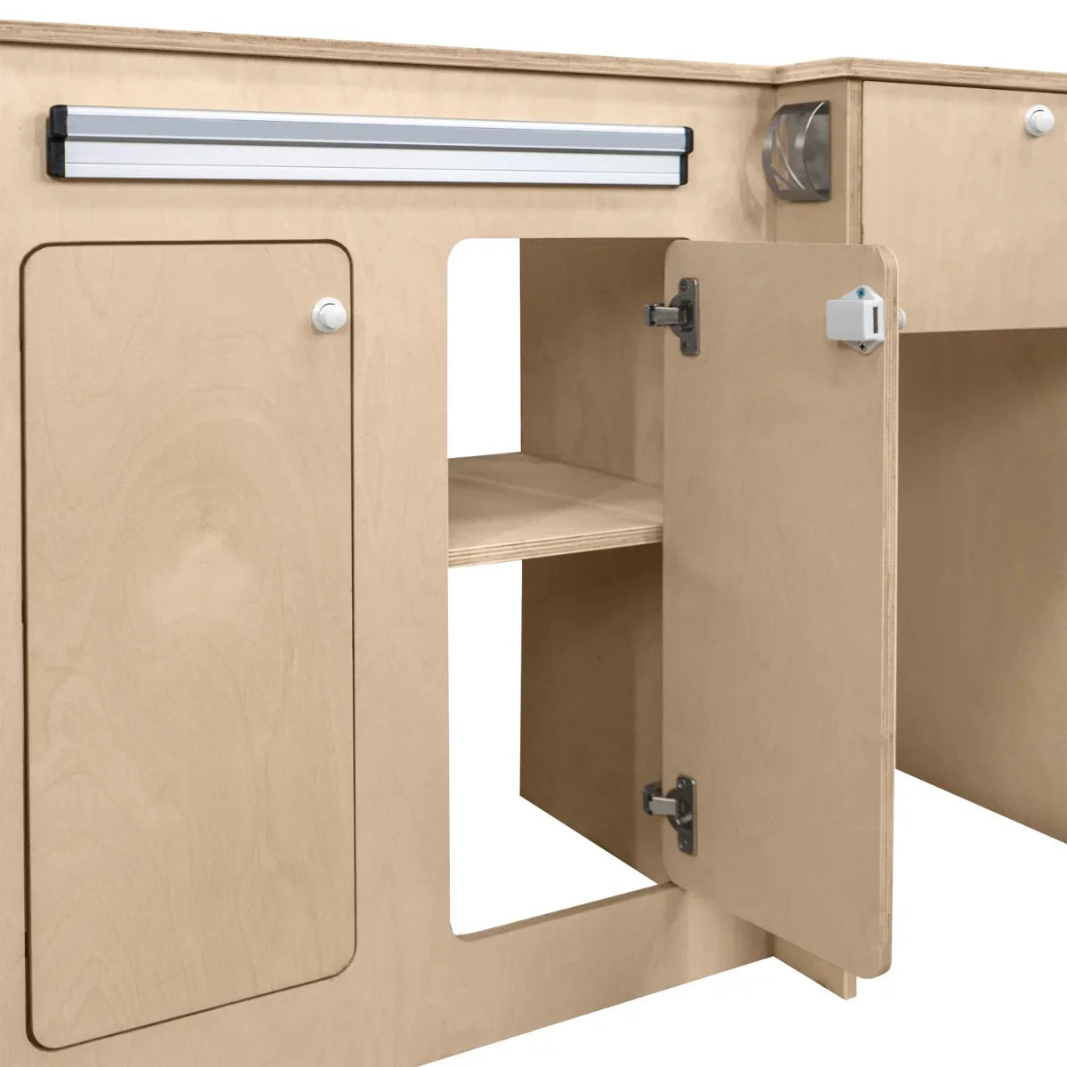Light wood Camper Kitchen Pod with a sleek design, featuring a cabinet door, open shelving, and a metal handle for easy access