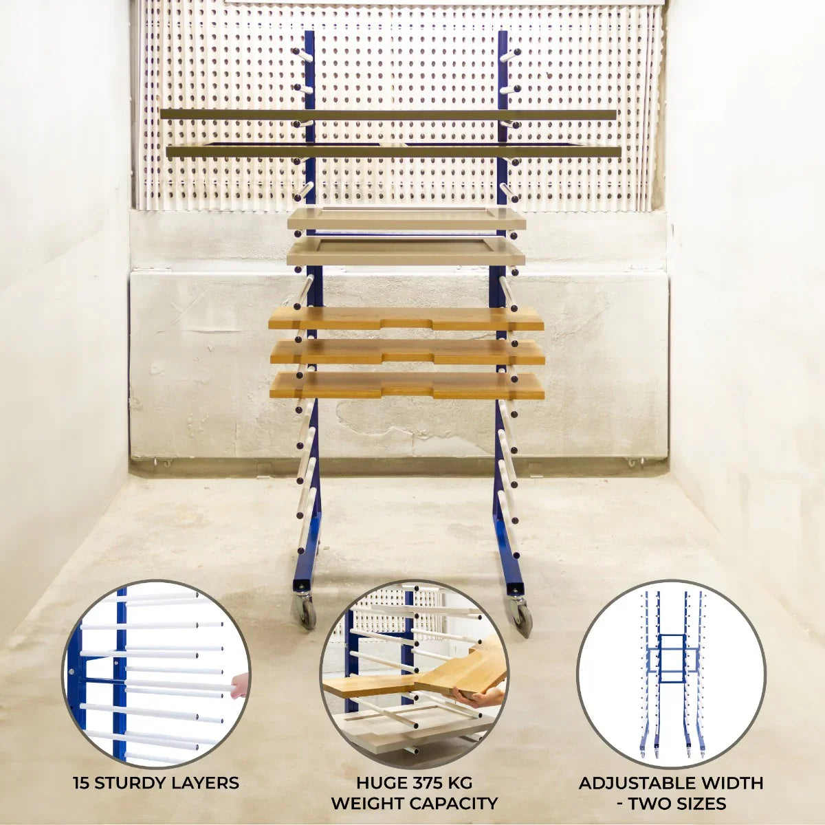 Combi Spray Drying Rack Trolley with 15 sturdy layers, adjustable width, and a 375 kg weight capacity, featuring a durable metal frame