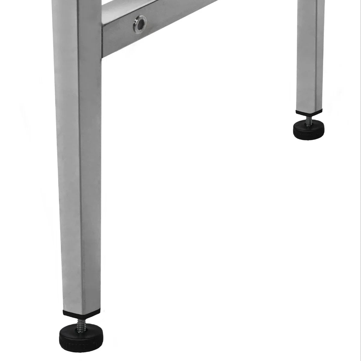 Sturdy stainless steel legs of a folding camping sink, featuring adjustable rubber feet for stability on uneven surfaces