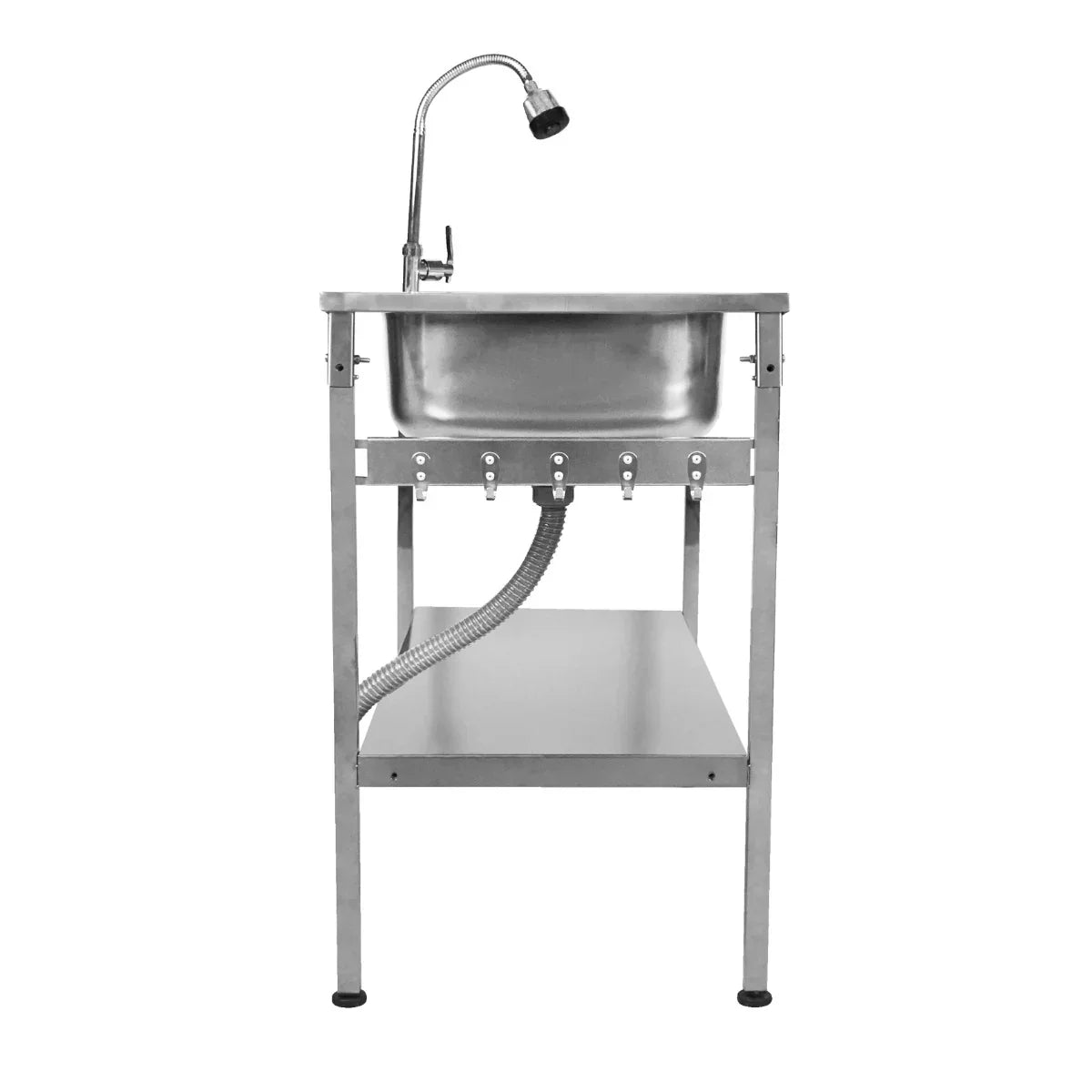 Folding camping sink with stainless steel basin, adjustable faucet, and sturdy metal frame, ideal for outdoor cooking and cleaning