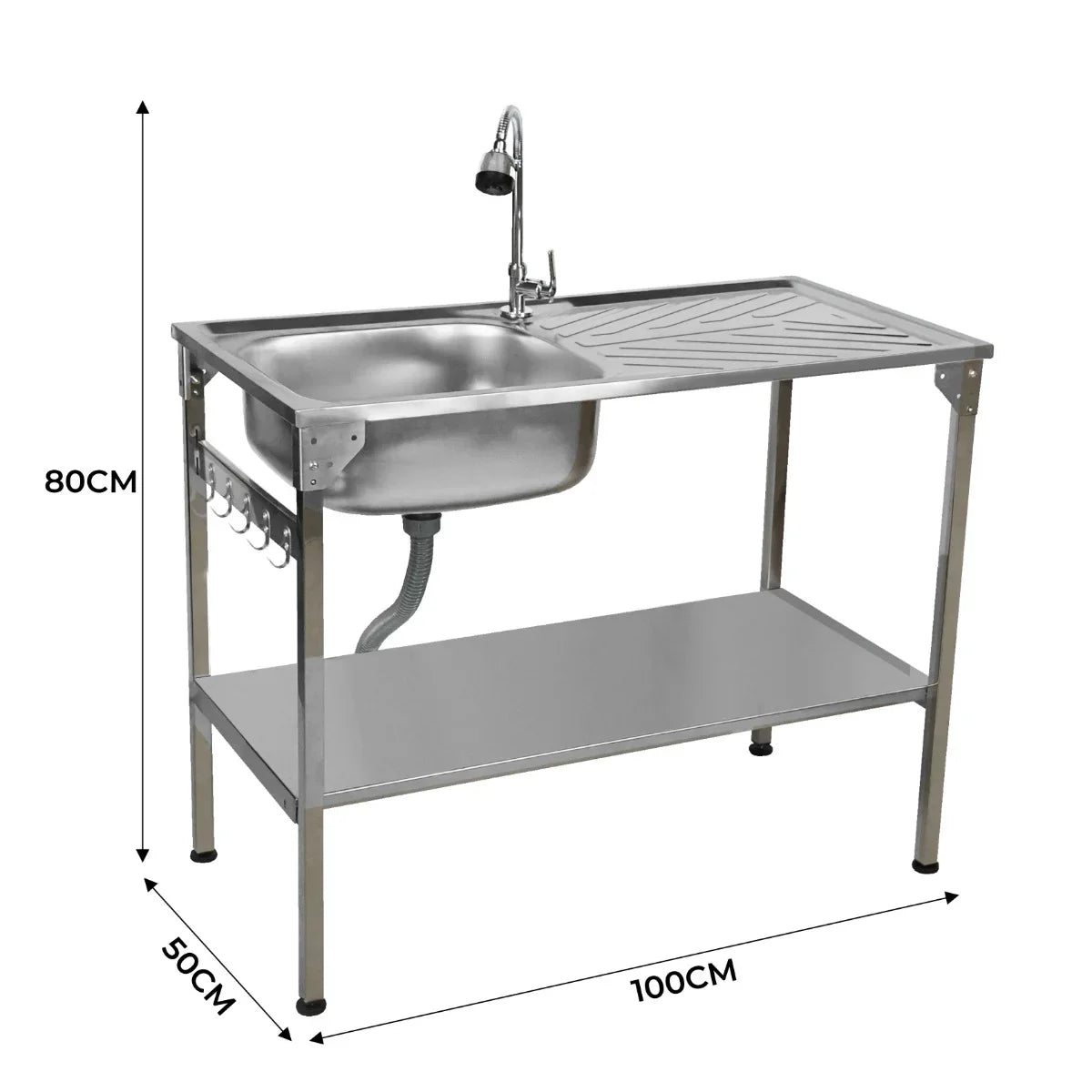 Folding camping sink with stainless steel basin, sleek design, sturdy legs, and a lower shelf for storage, ideal for outdoor use