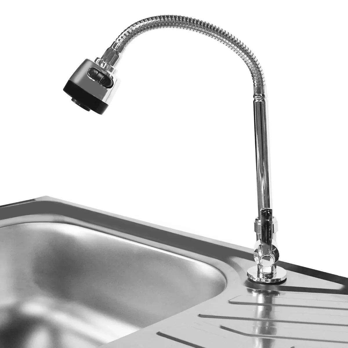 Folding camping sink with a sleek stainless steel basin, flexible chrome faucet, and a modern design for outdoor convenience